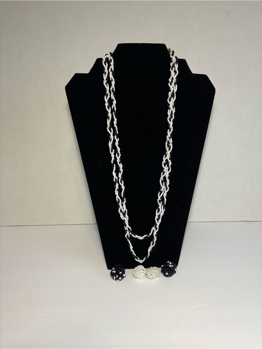 Vintage 3 Strand Braided Necklace Cluster Earrings Classic Black And White